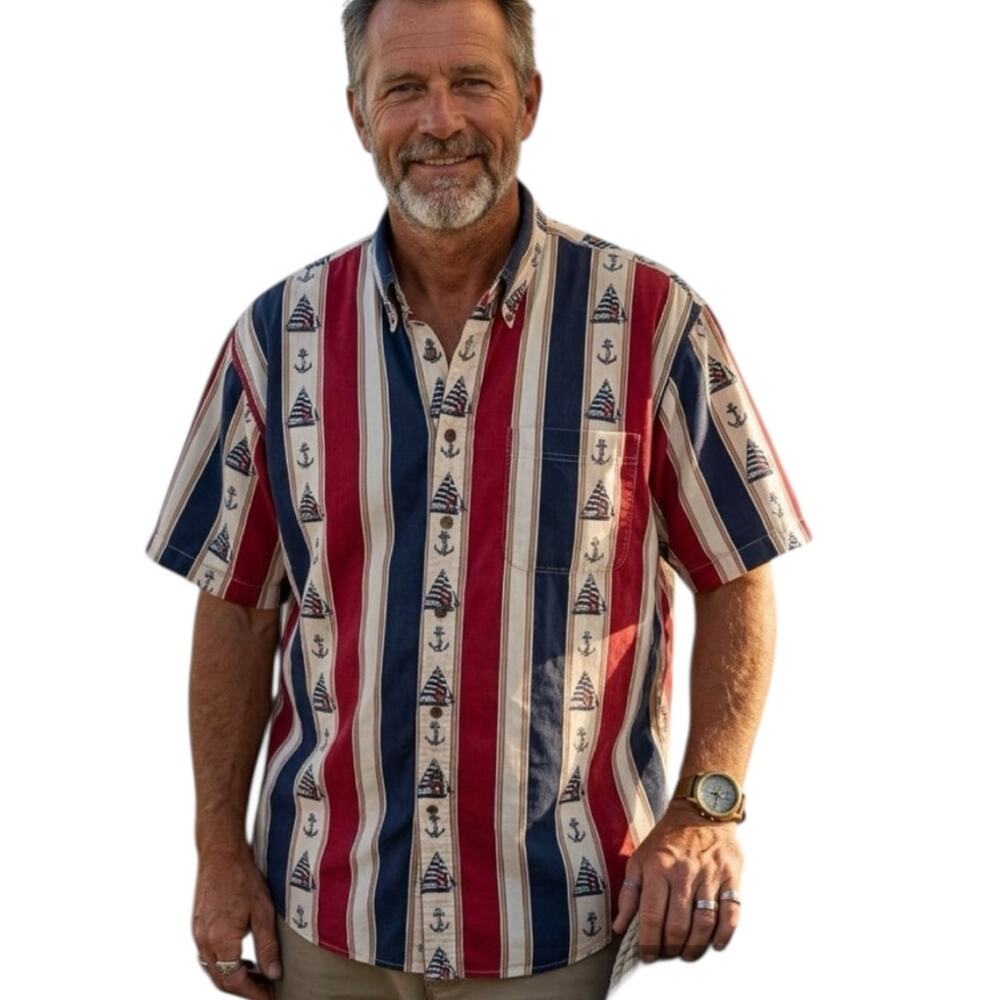 Keeler Bay Vintage Button Shirt Mens Medium Nautical Sailboat Anchor Boating